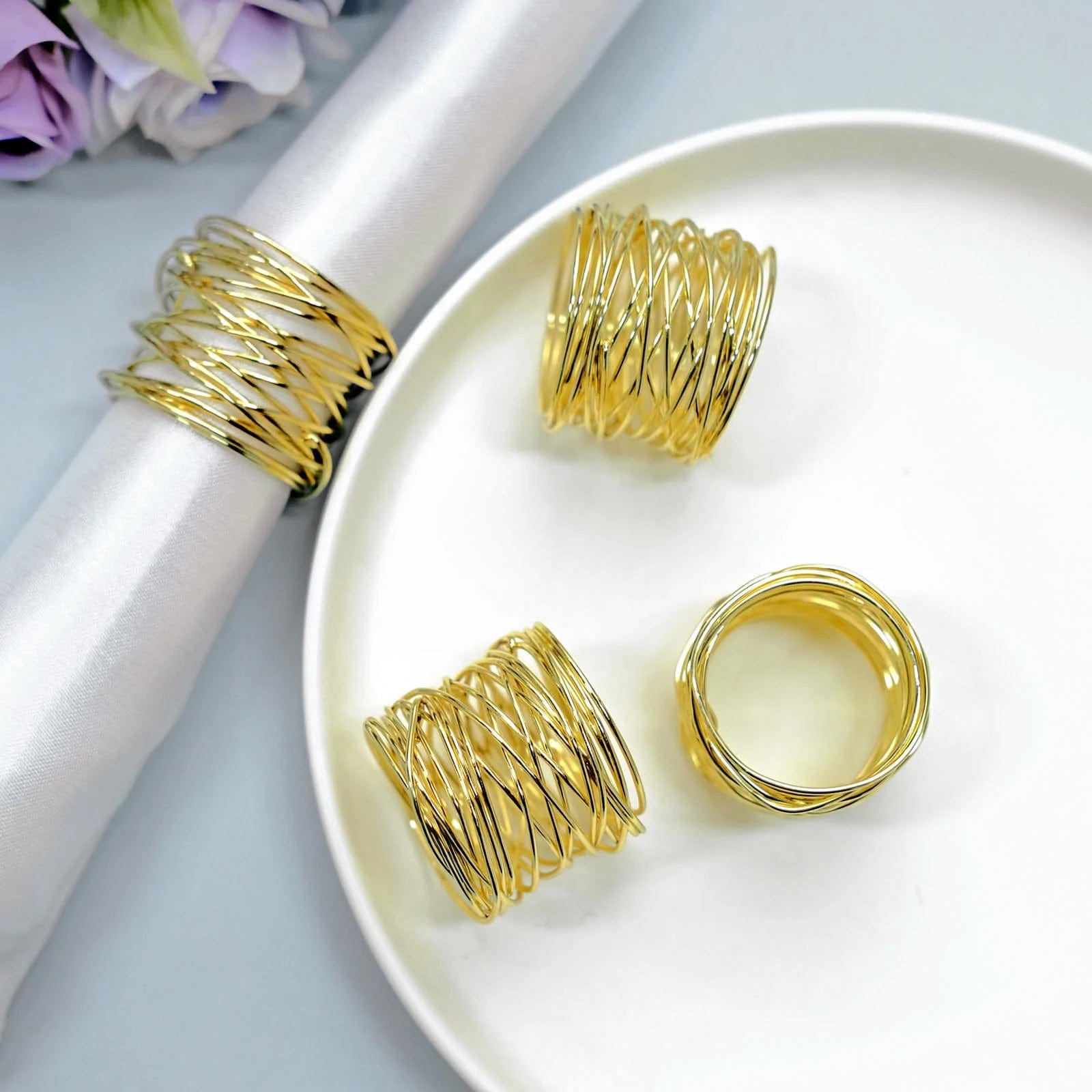 4 Gold Round Metallic Wire Dinner Napkin Rings