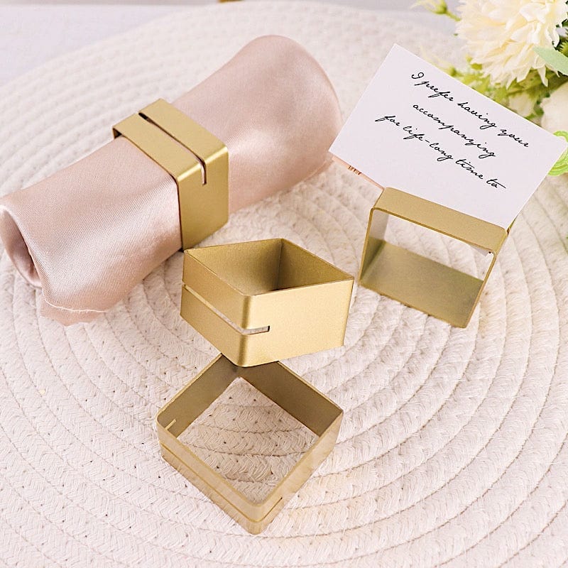 4 Matte Gold Metallic Square Dinner Napkin Rings with Place Card Holder