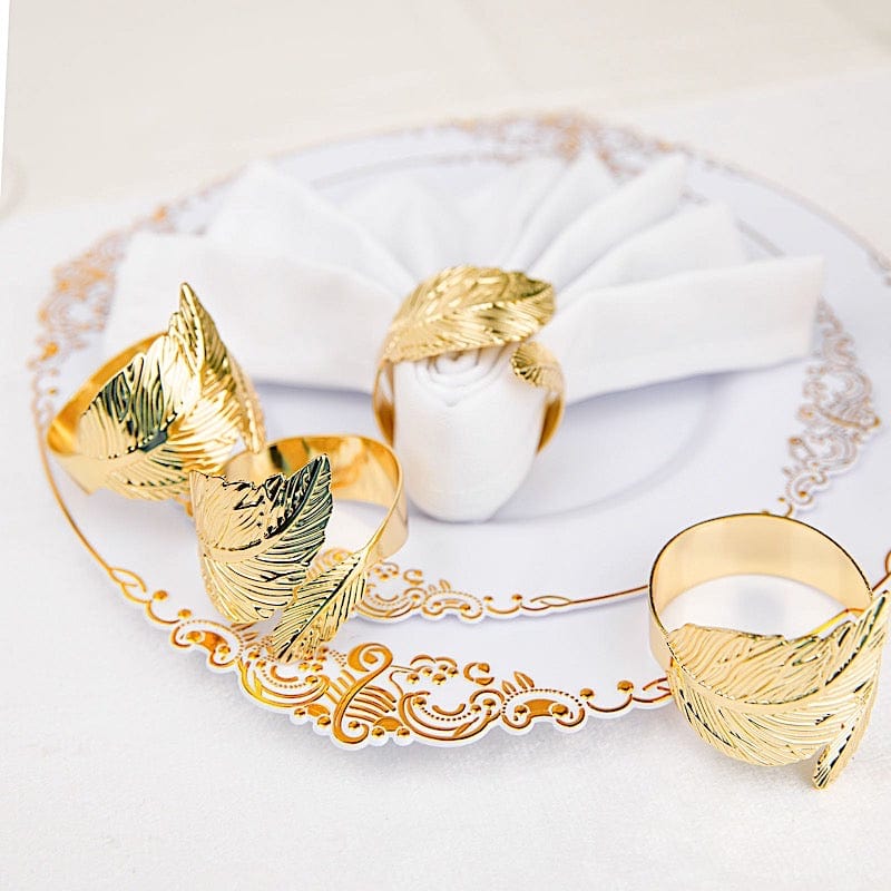 4 Metallic Gold Napkin Rings with Ornate Leaf Design