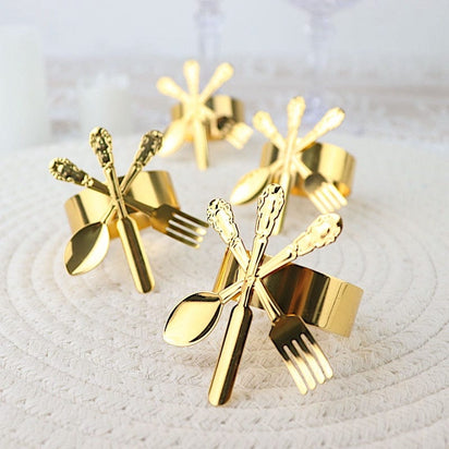 4 Round Metallic Dinner Napkin Rings with Fork Knife Spoon Design