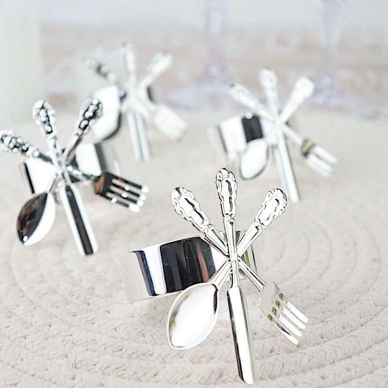 4 Round Metallic Dinner Napkin Rings with Fork Knife Spoon Design