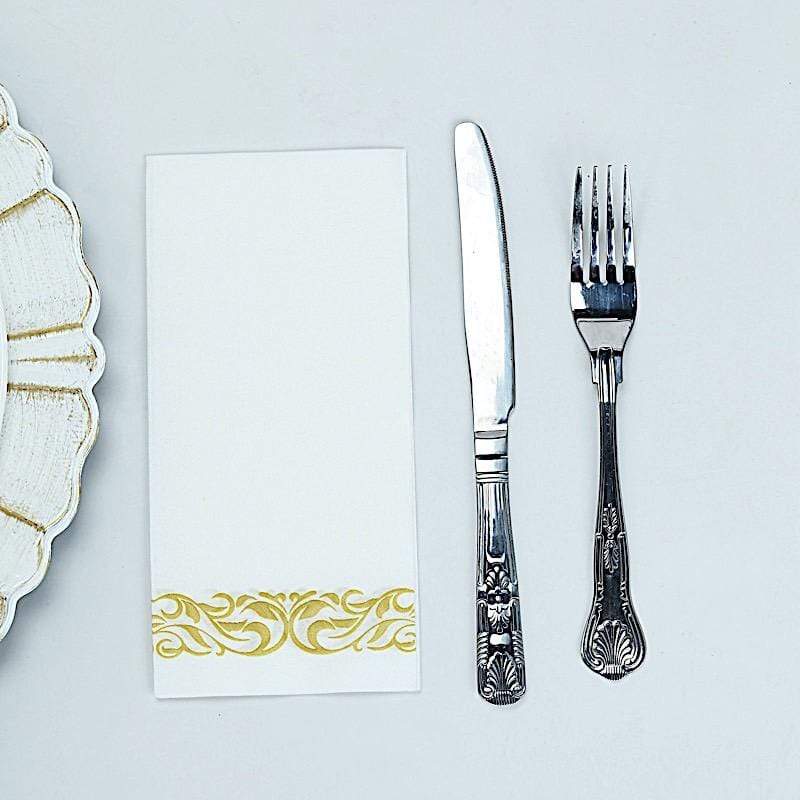 20 White with Gold Metallic Scroll Design Airlaid Paper Napkins