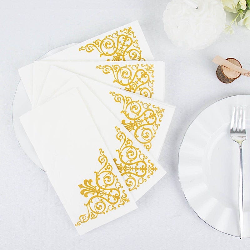 20 White with Gold Metallic Vintage Design Airlaid Paper Napkins