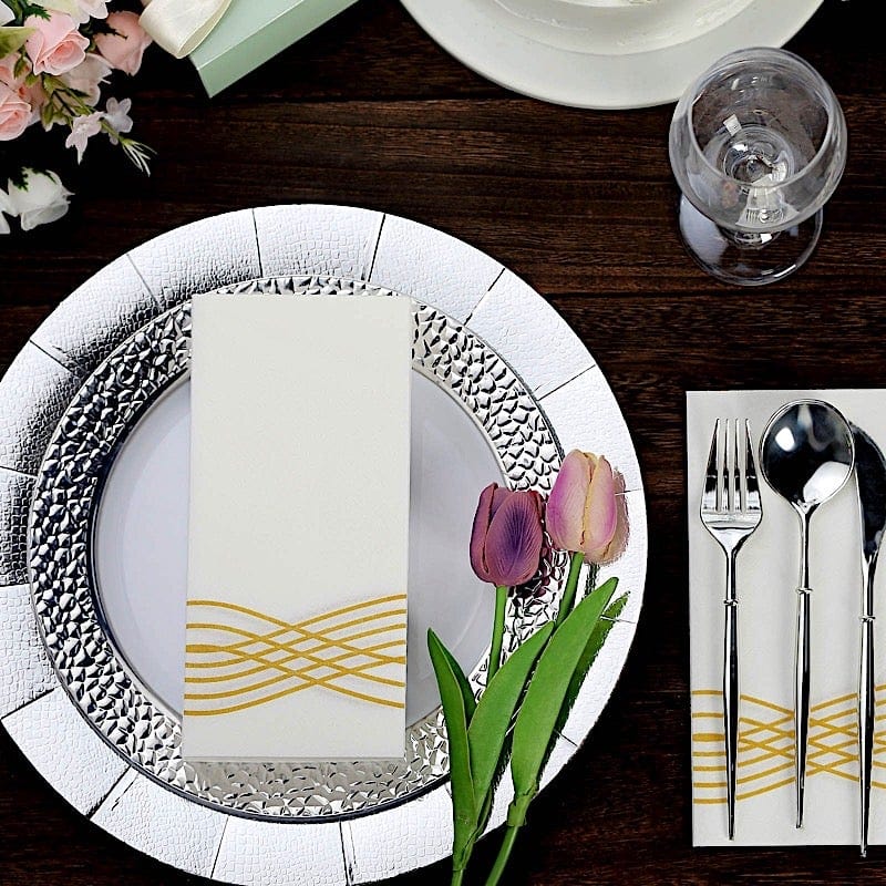20 White with Metallic Wave Design Airlaid Paper Napkins
