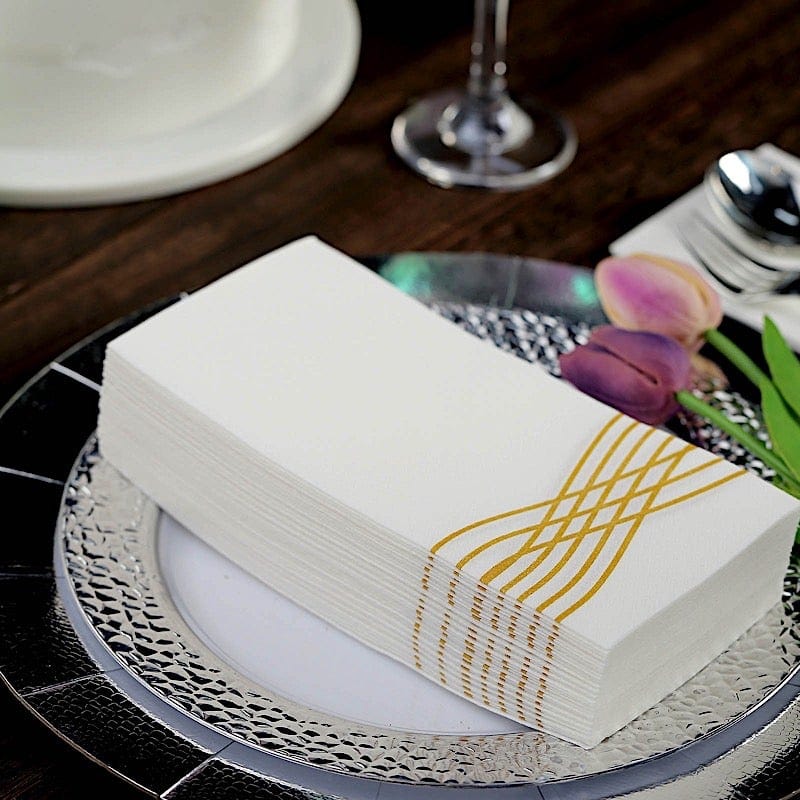 20 White with Metallic Wave Design Airlaid Paper Napkins