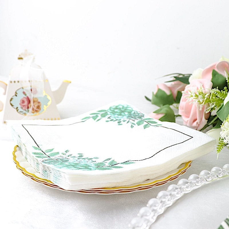 20 White with Green 13x13 in Floral Dinner Paper Napkins