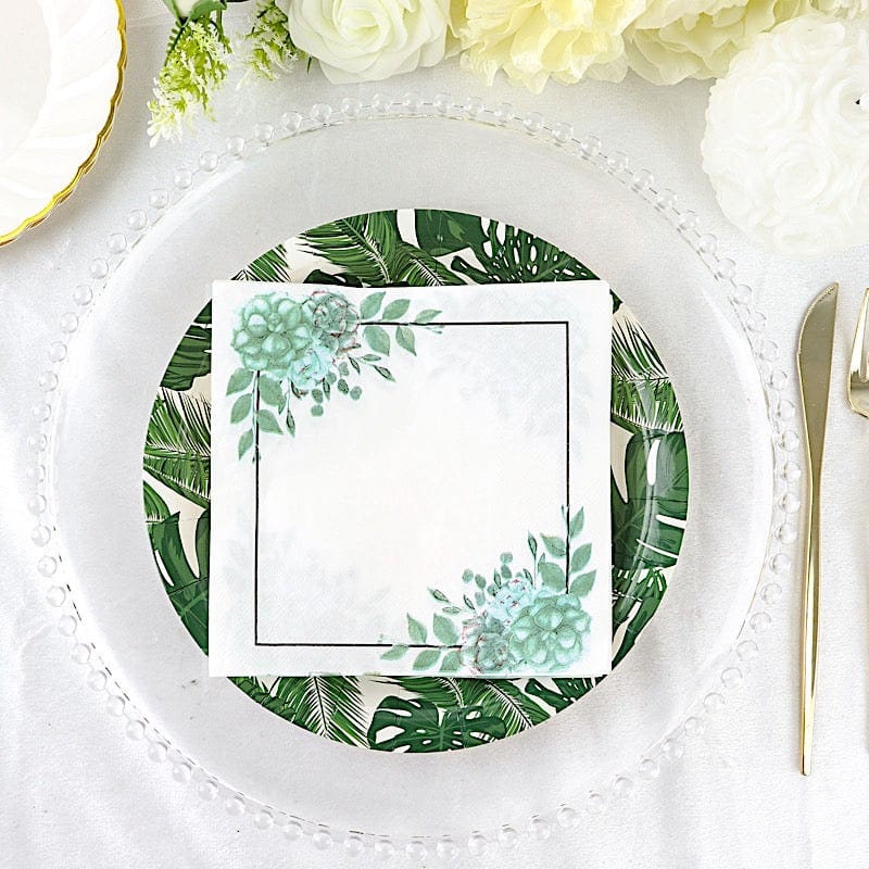 20 White with Green 13x13 in Floral Dinner Paper Napkins