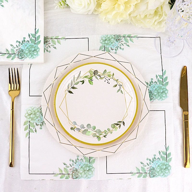 20 White with Green 13x13 in Floral Dinner Paper Napkins