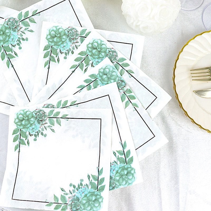 20 White with Green 13x13 in Floral Dinner Paper Napkins