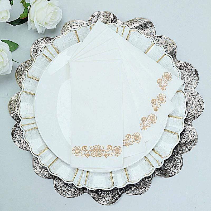 20 White with Rose Gold Metallic Floral Design Airlaid Paper Napkins