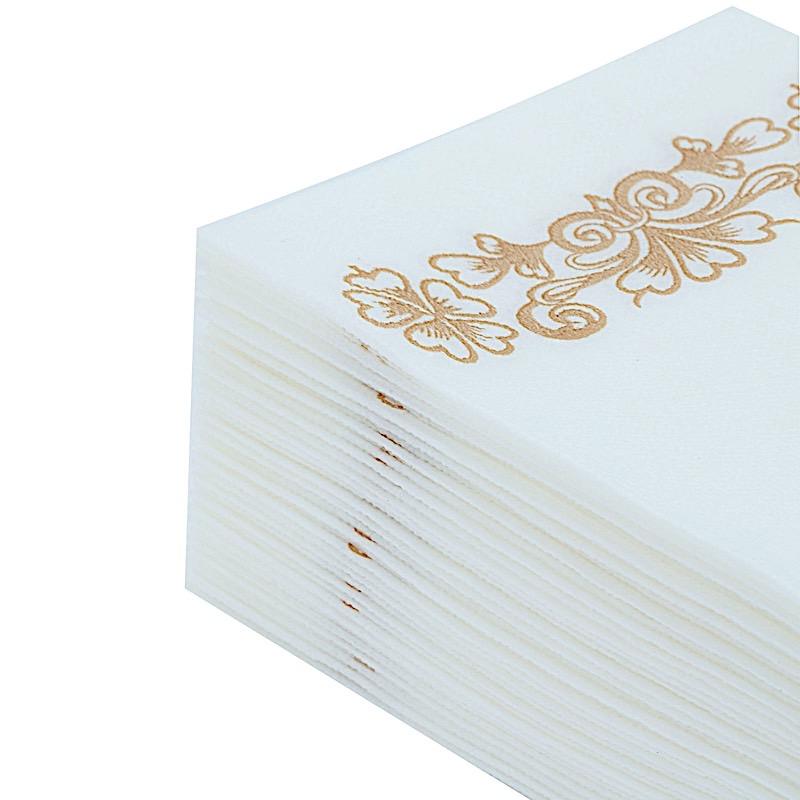 20 White with Rose Gold Metallic Floral Design Airlaid Paper Napkins