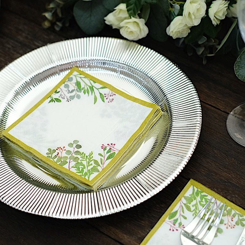 24 White 10 in Greenery Design 2-Ply Paper Dinner Napkins with Gold Rim
