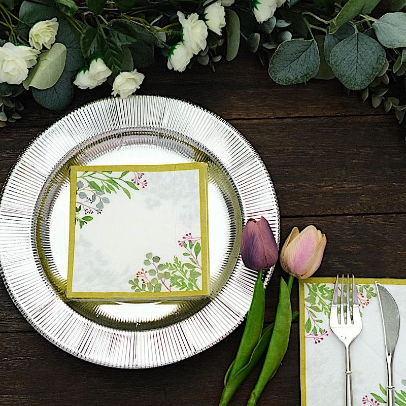 24 White 10 in Greenery Design 2-Ply Paper Dinner Napkins with Gold Rim