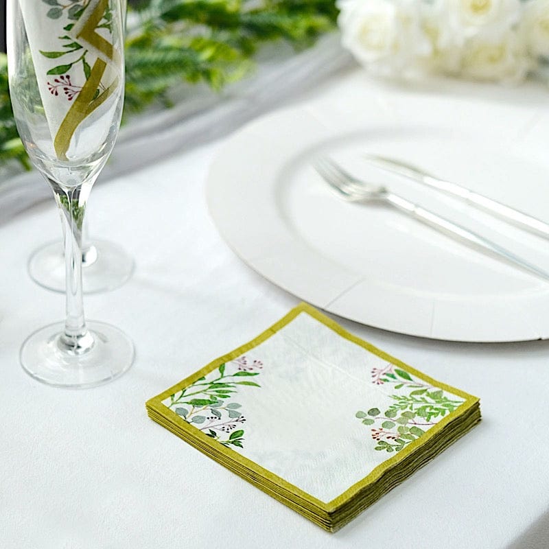 24 White 10 in Greenery Design 2-Ply Paper Dinner Napkins with Gold Rim