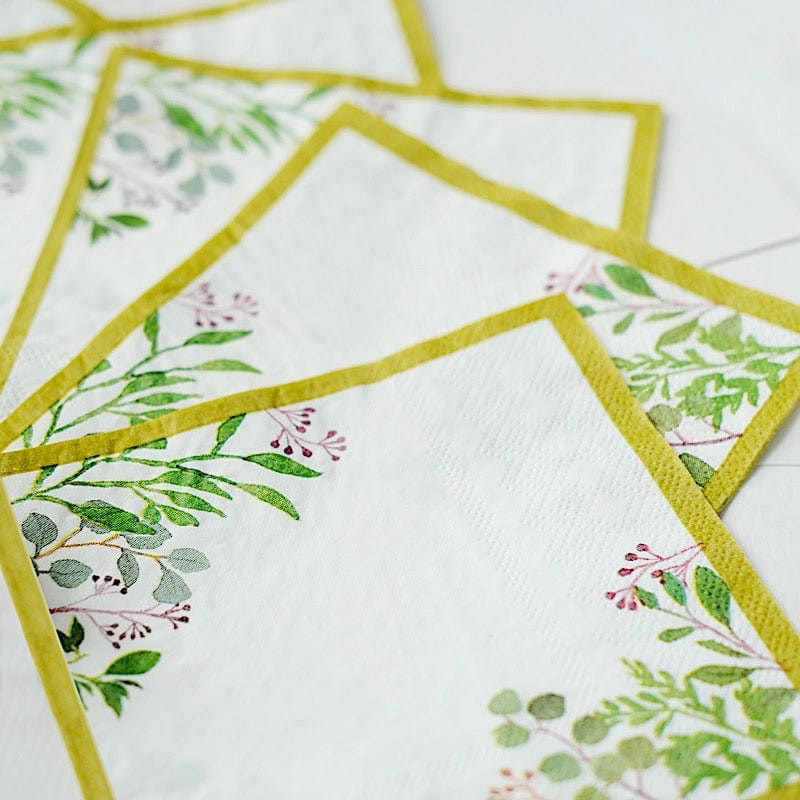 24 White 10 in Greenery Design 2-Ply Paper Dinner Napkins with Gold Rim