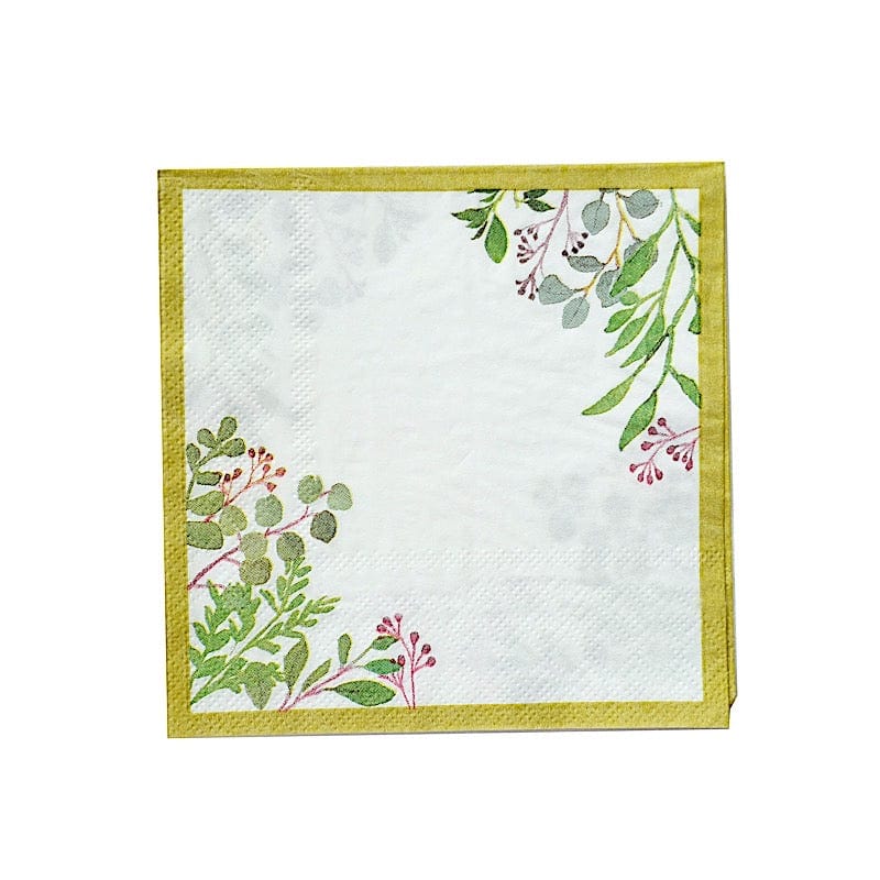 24 White 10 in Greenery Design 2-Ply Paper Dinner Napkins with Gold Rim