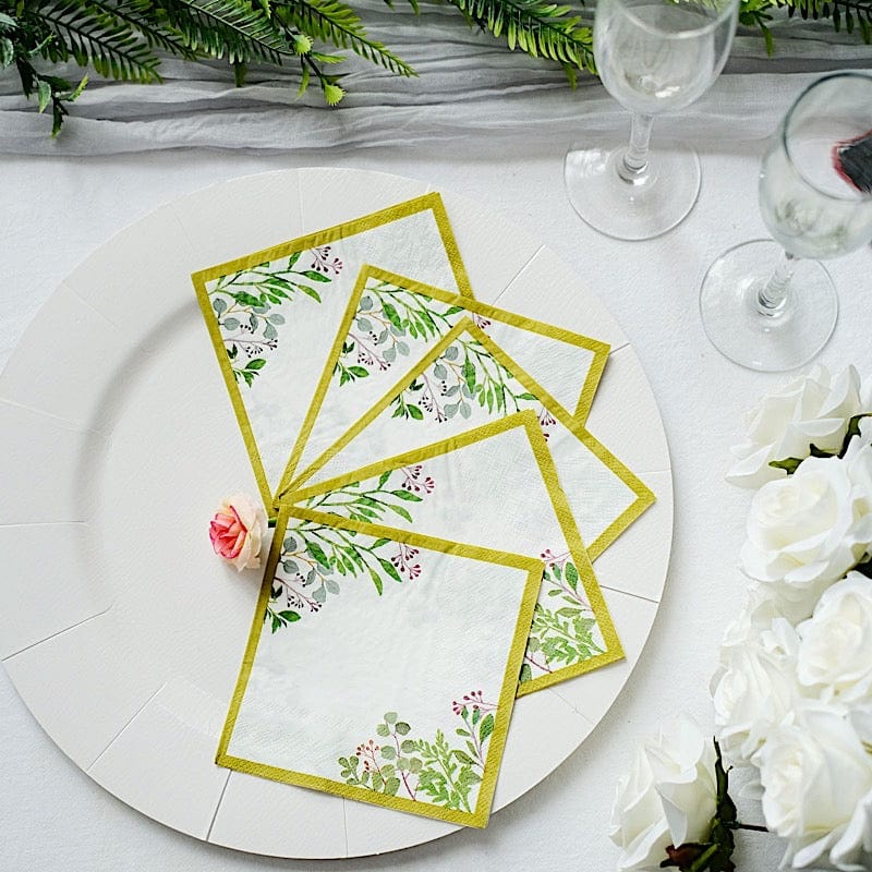 24 White 10 in Greenery Design 2-Ply Paper Dinner Napkins with Gold Rim