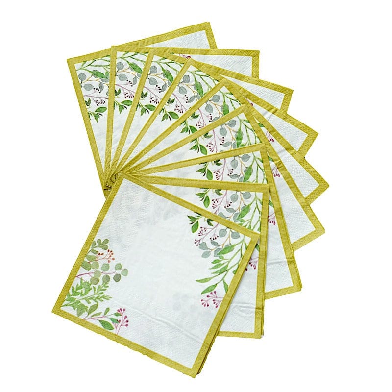24 White 10 in Greenery Design 2-Ply Paper Dinner Napkins with Gold Rim