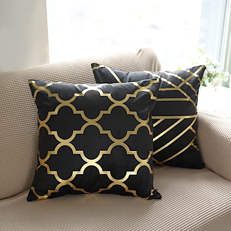 4 Velvet 18x18 in Square Throw Pillow Covers with Gold Geometric Print