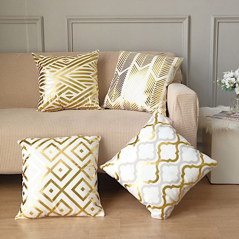 Shades of Freyja Decorative Pillow Covers - Set of 4 White and Gold Velvet Soft Throw Pillows 18x18 inch Geometric Square Cushion Covers for Couch