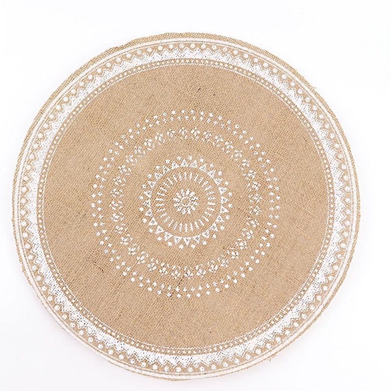 4 Natural 15 in Round Burlap Jute Braided Placemats with White Prints