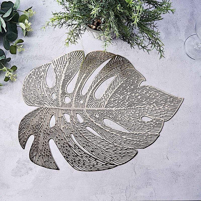 monstera placemat 6-Pack Vinyl Dining Table Mats 18" Monstera Leaf Design Rose Gold | Non-Slip Placemats