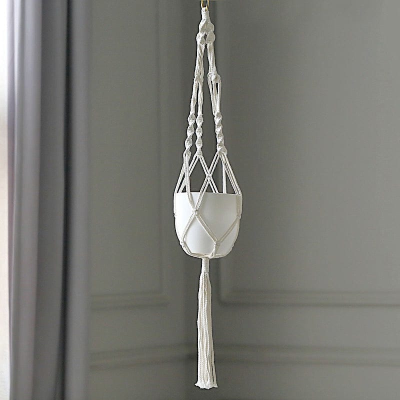 white plant hanger 2-Pack Cotton Rope Hanging Planter Baskets Ivory With Tassels | Indoor Decorative Boho Flower Pot Holders