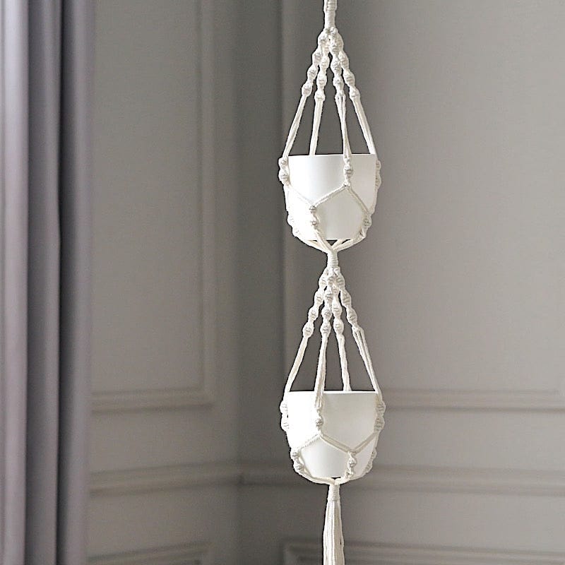 macrame plant hanger 2 tier Balsacircle 2 Tier Ivory Cotton Ropes Macrame Plant Hanger Decorative Indoor Pot Holders Party Decorations, Size: 54, Beige