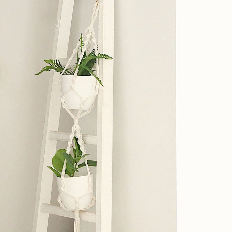 indoor plant hanger with pot Balsacircle 2 Tier Ivory Cotton Ropes Macrame Plant Hanger Decorative Indoor Pot Holders Party Decorations, Size: 54, Beige