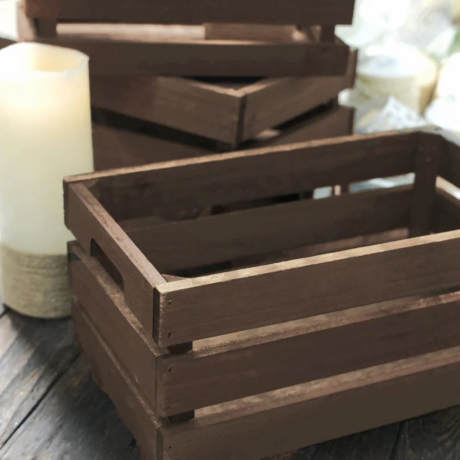 3 Dark Brown Rectangular Natural Wooden Crate Boxes Planter Holders