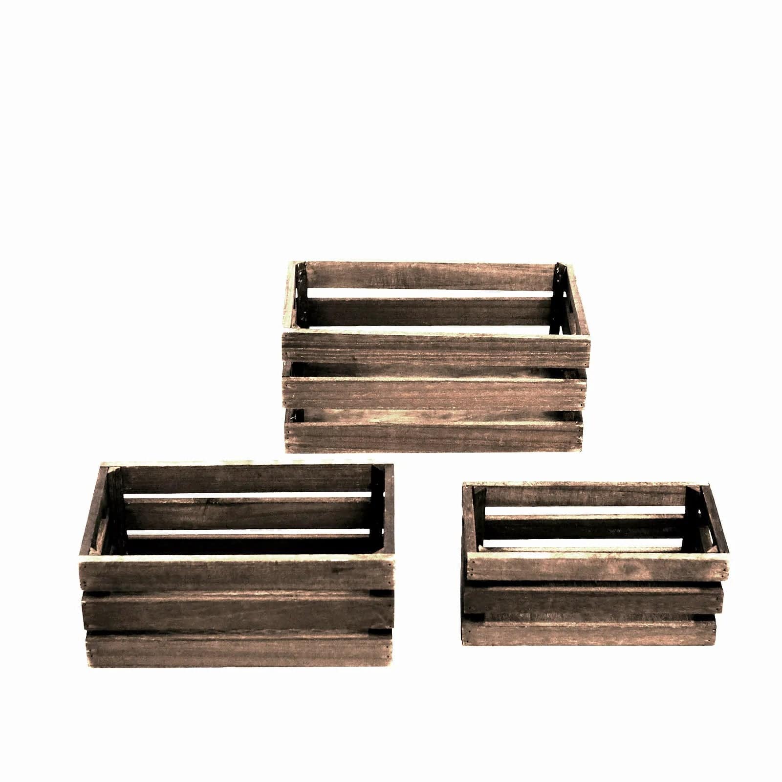 3 Dark Brown Rectangular Natural Wooden Crate Boxes Planter Holders