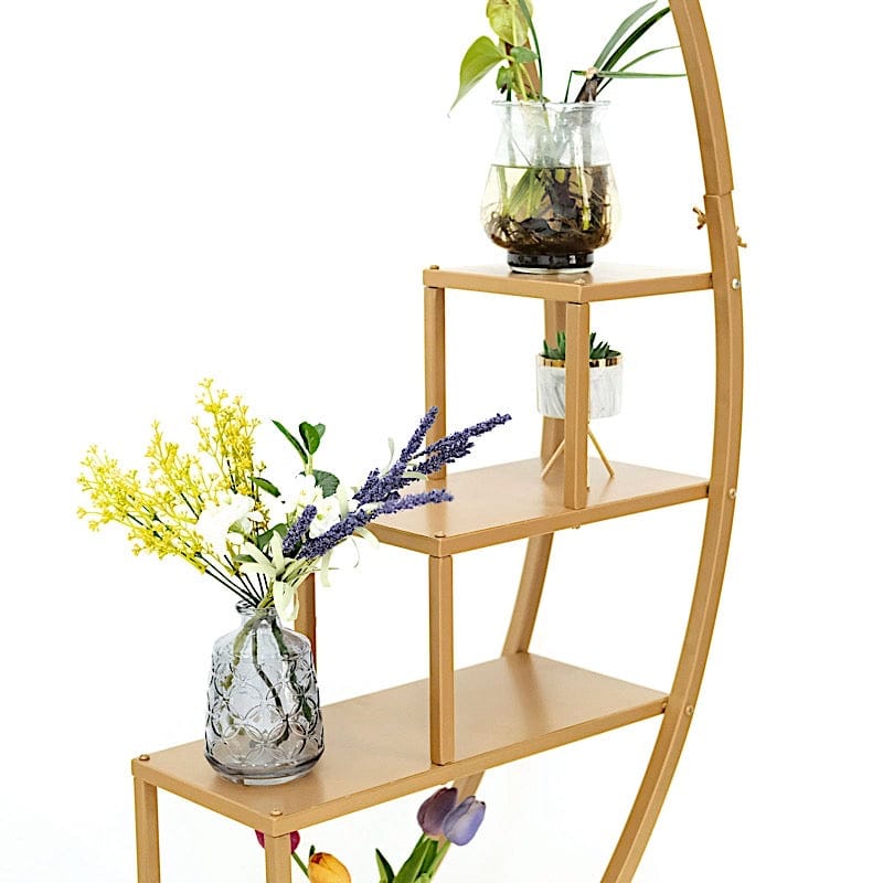 gold circle plant hanger Balsacircle 4.5 feet Gold 4 Tier Metal Display Stand Half Moon Ladder Plant Shelf Rack Party