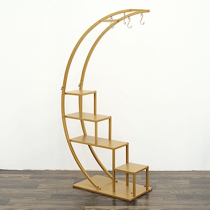 gold metal plant hanger Balsacircle 4.5 feet Gold 4 Tier Metal Display Stand Half Moon Ladder Plant Shelf Rack Party