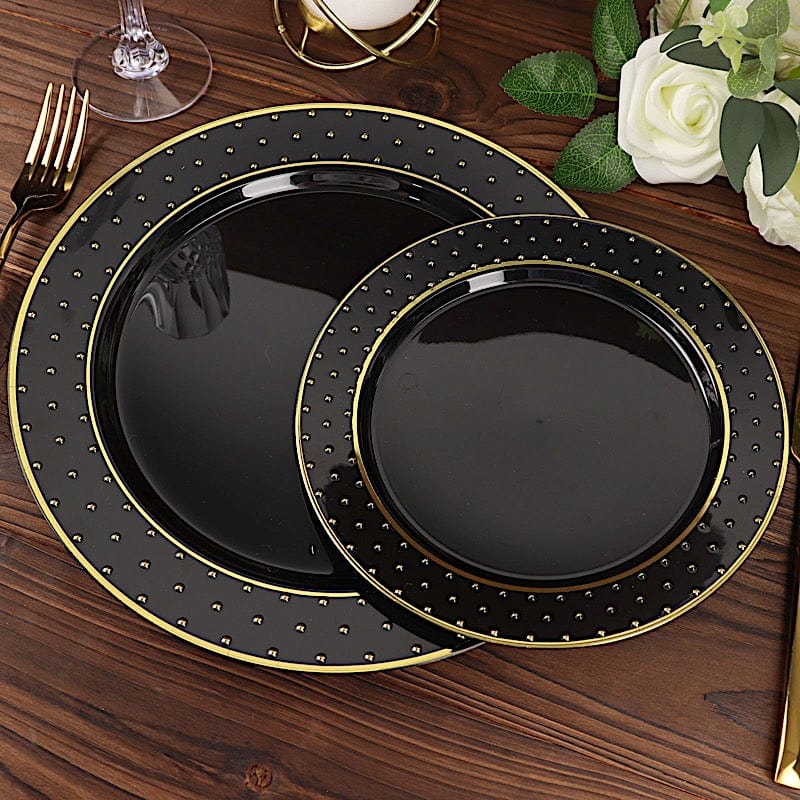 10 Black Round Disposable Salad and Dinner Plastic Plates with Gold 3D Dots Trim