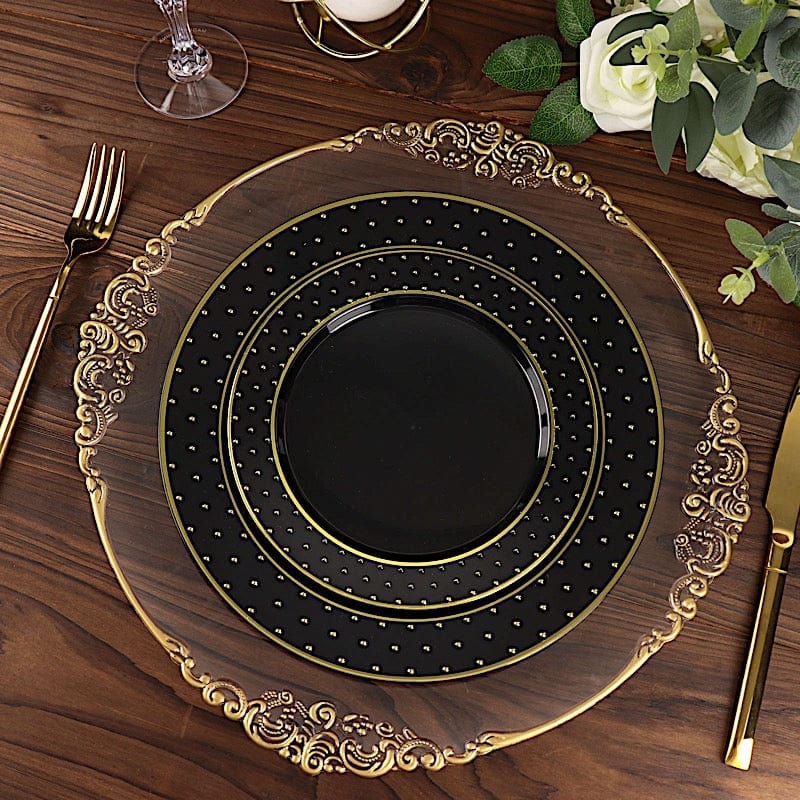 10 Black Round Disposable Salad and Dinner Plastic Plates with Gold 3D Dots Trim