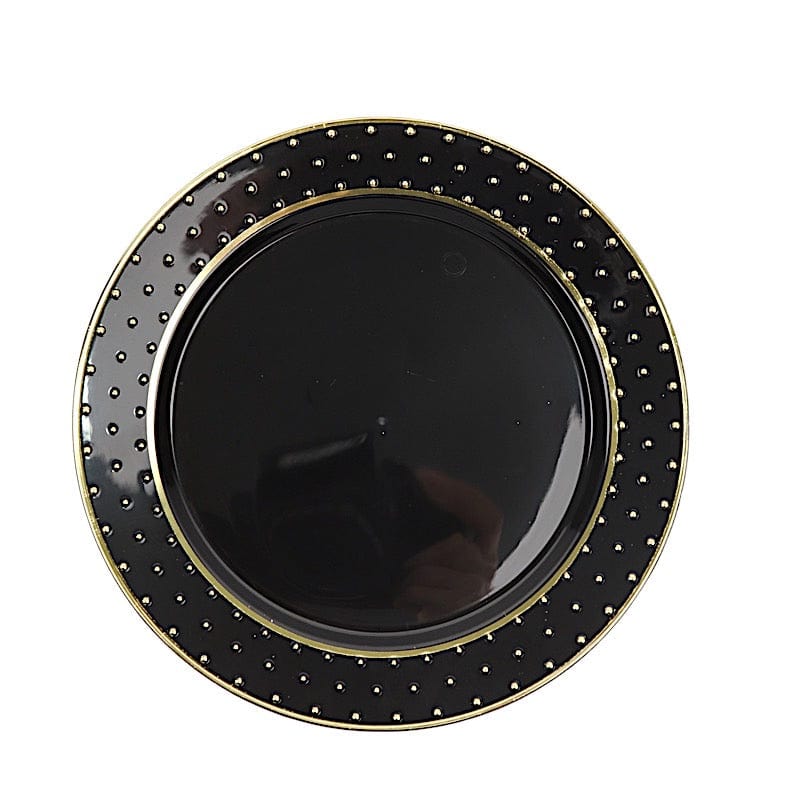 10 Black Round Disposable Salad and Dinner Plastic Plates with Gold 3D Dots Trim