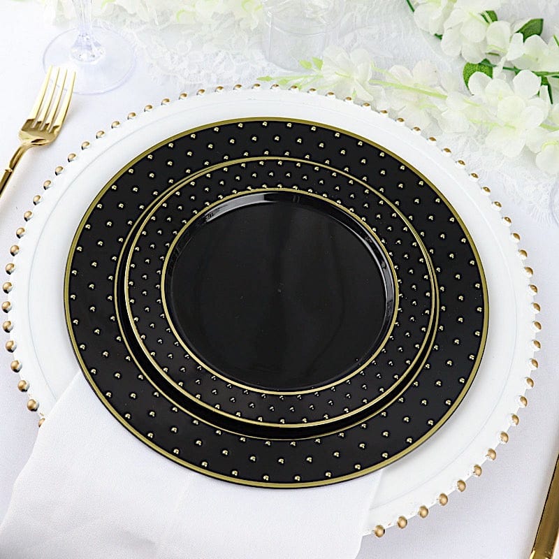 10 Black Round Disposable Salad and Dinner Plastic Plates with Gold 3D Dots Trim