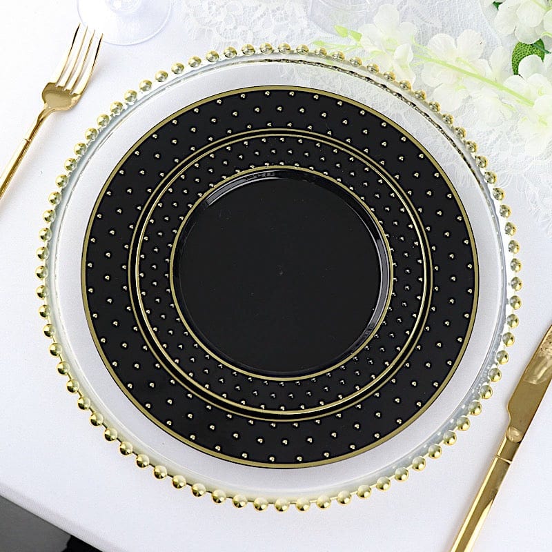 10 Black Round Disposable Salad and Dinner Plastic Plates with Gold 3D Dots Trim