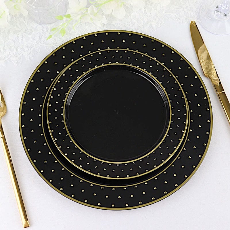 10 Black Round Disposable Salad and Dinner Plastic Plates with Gold 3D Dots Trim