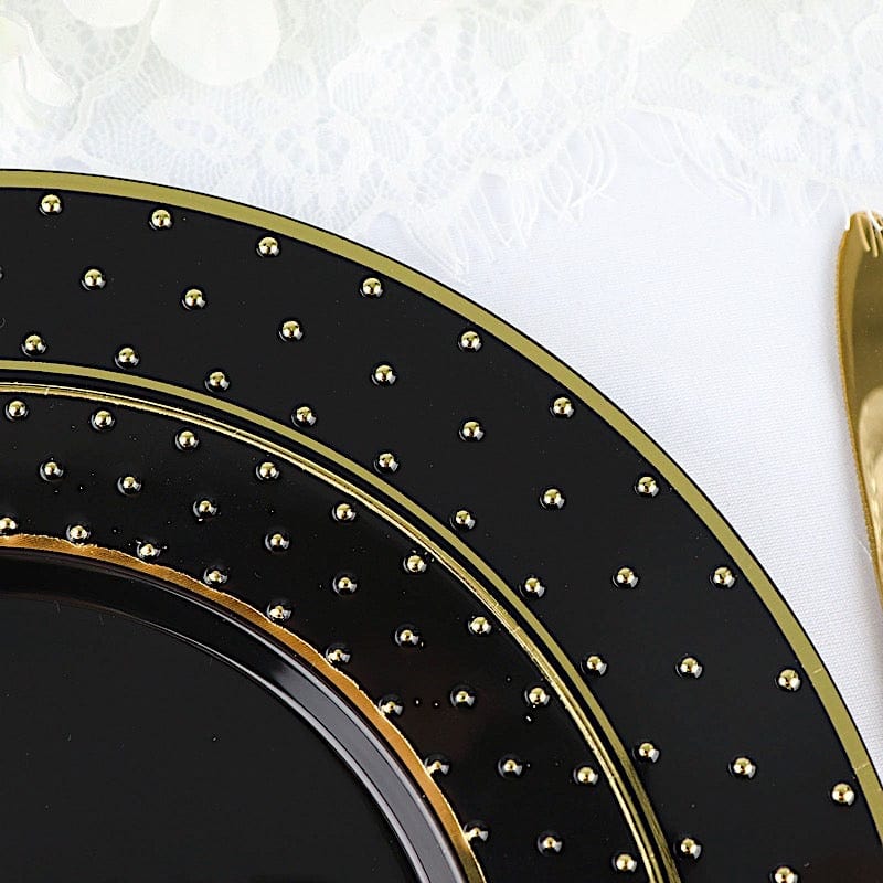 10 Black Round Disposable Salad and Dinner Plastic Plates with Gold 3D Dots Trim