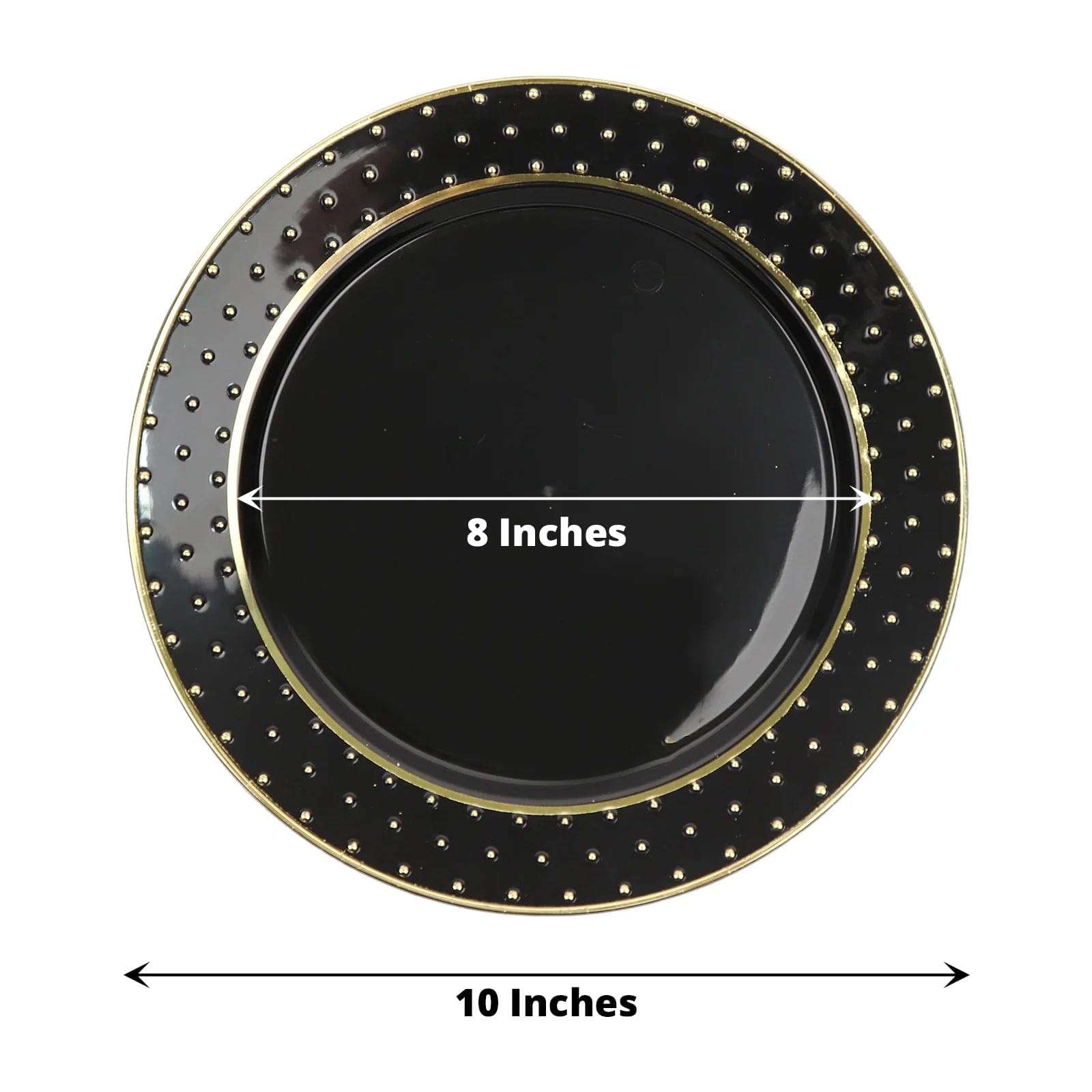 10 Black Round Disposable Salad and Dinner Plastic Plates with Gold 3D Dots Trim