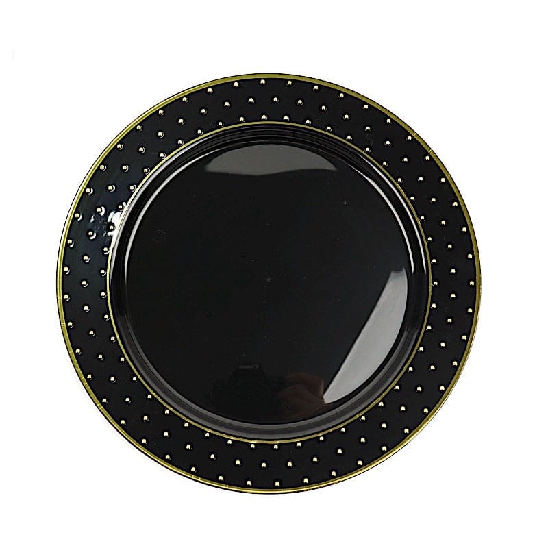 10 Black Round Disposable Salad and Dinner Plastic Plates with Gold 3D Dots Trim