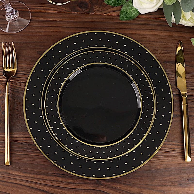 10 Black Round Disposable Salad and Dinner Plastic Plates with Gold 3D Dots Trim
