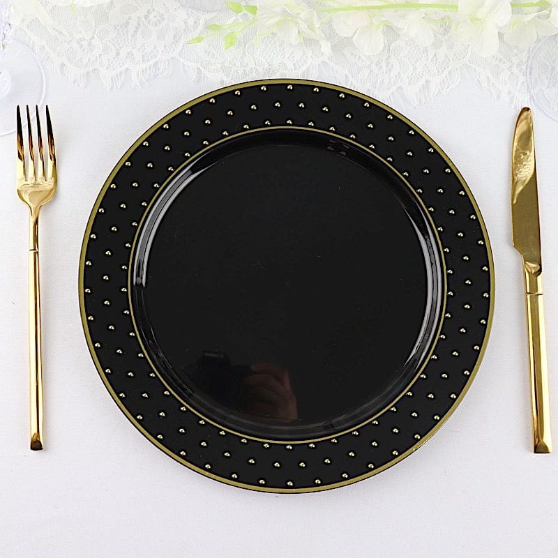 10 Black Round Disposable Salad and Dinner Plastic Plates with Gold 3D Dots Trim