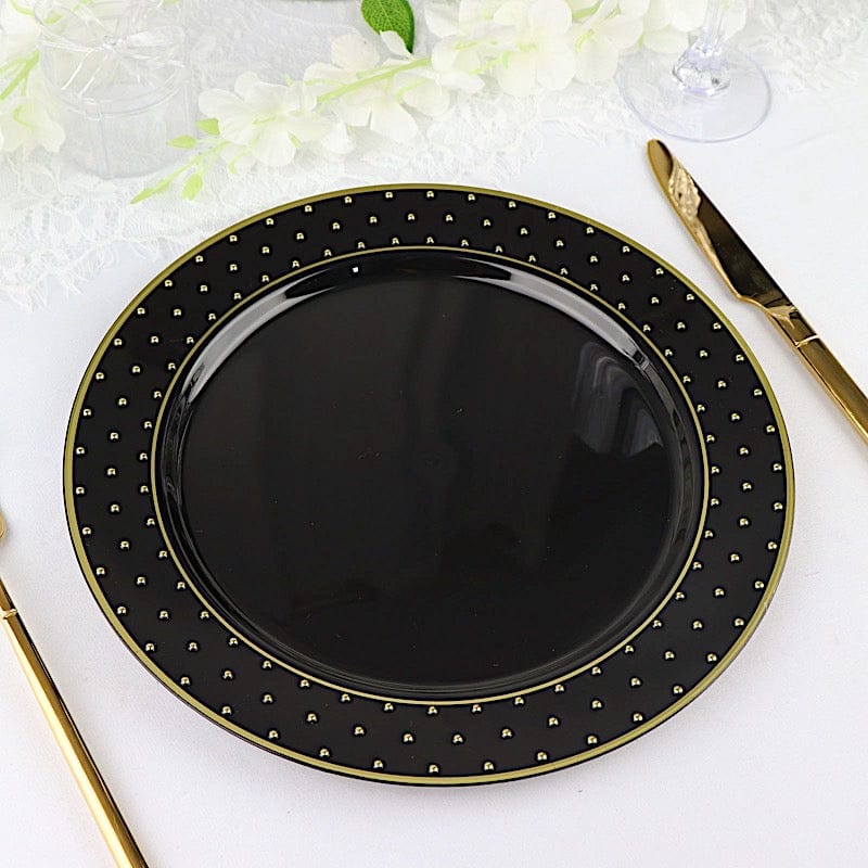 10 Black Round Disposable Salad and Dinner Plastic Plates with Gold 3D Dots Trim