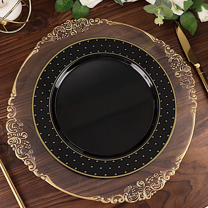 10 Black Round Disposable Salad and Dinner Plastic Plates with Gold 3D Dots Trim