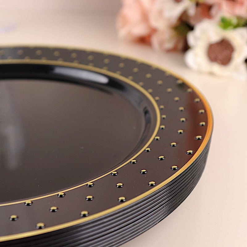 10 Black Round Disposable Salad and Dinner Plastic Plates with Gold 3D Dots Trim