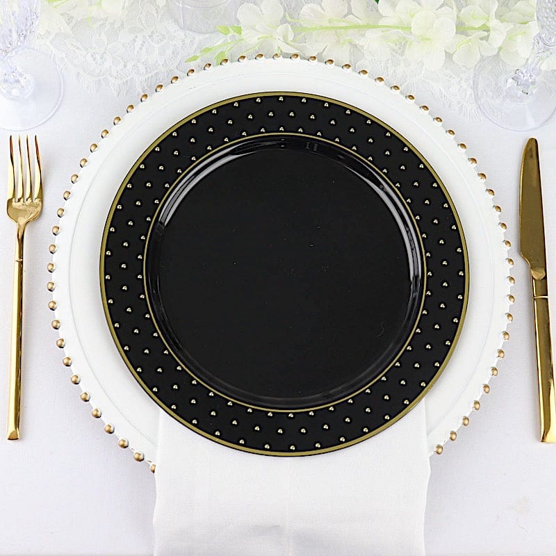 10 Black Round Disposable Salad and Dinner Plastic Plates with Gold 3D Dots Trim