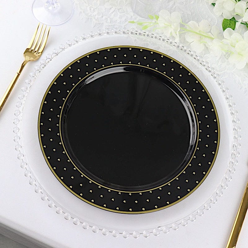 10 Black Round Disposable Salad and Dinner Plastic Plates with Gold 3D Dots Trim