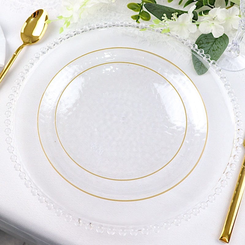 10 Clear Round Hammered Disposable Salad and Dinner Plastic Plates with Gold Trim